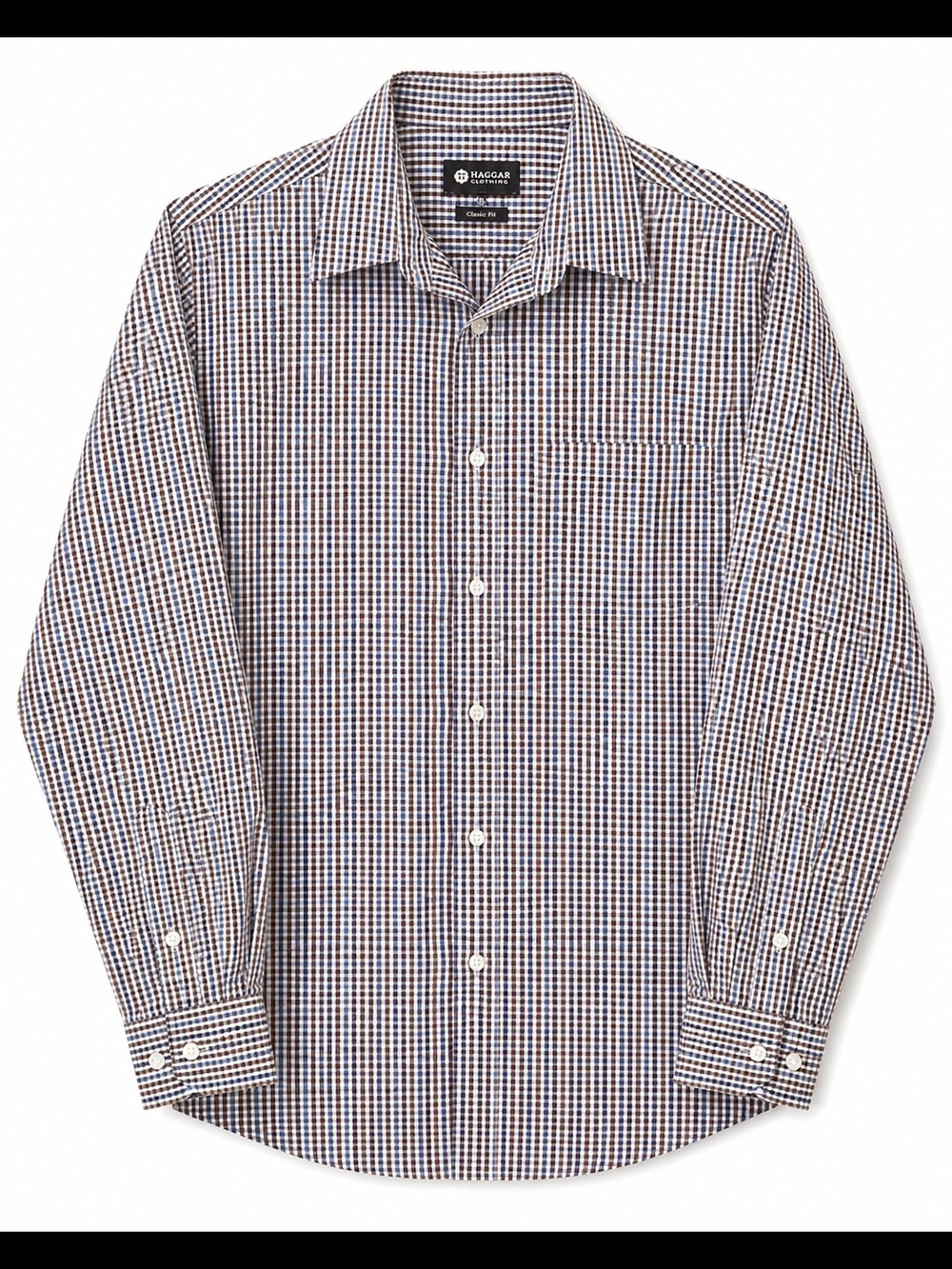 Haggar Men’s Blue and Brown Micro-Check Dress Shirt L/G